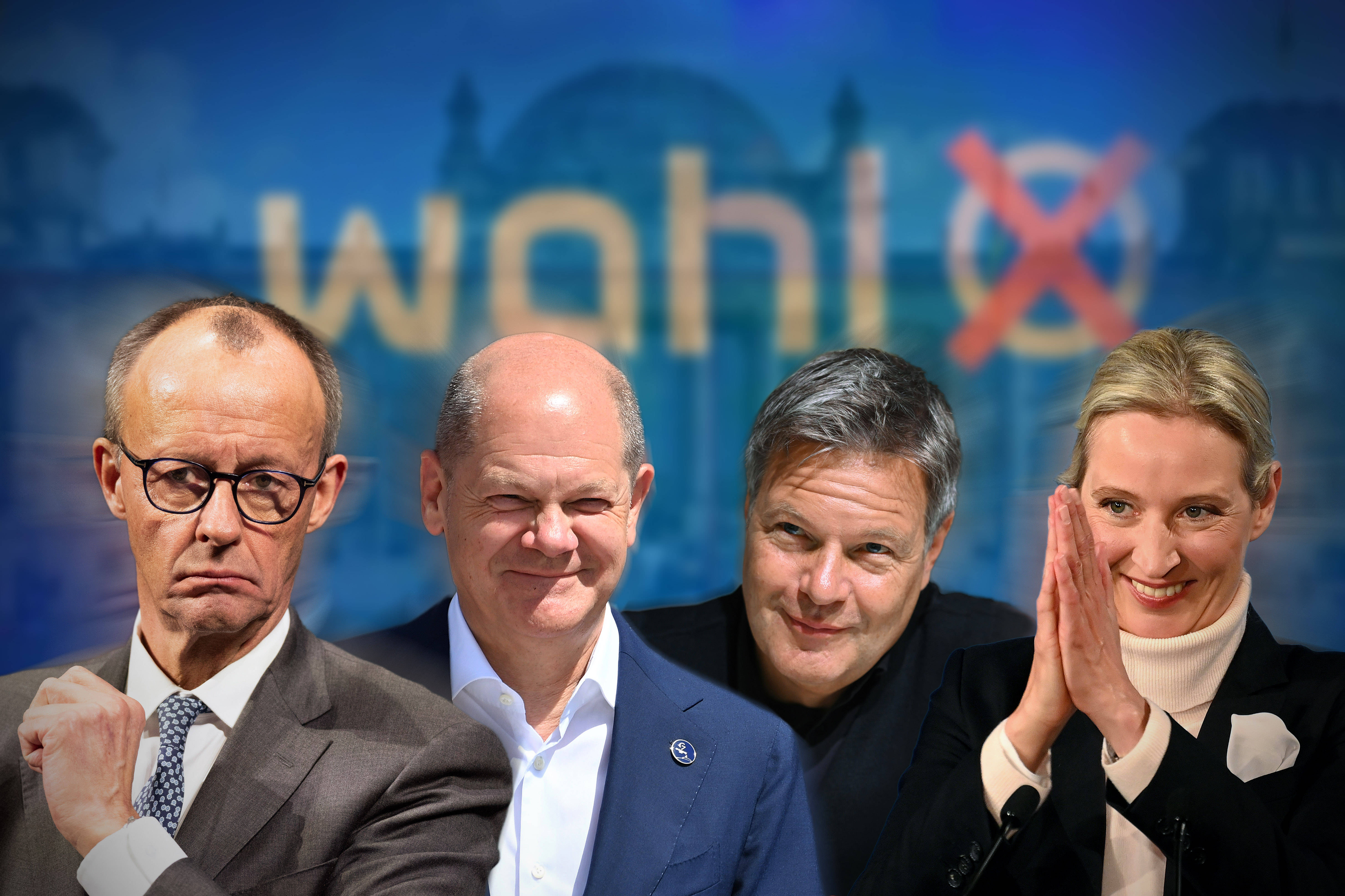 FOTOMONTAGE der vier Kanzlerkandidaten 2025: Friedrich Merz (CDU), Olaf Scholz (SPD), Robert Habeck (Buendnis90/Die Gruenen) und Alice Weidel (AfD,v.l.n.r.)